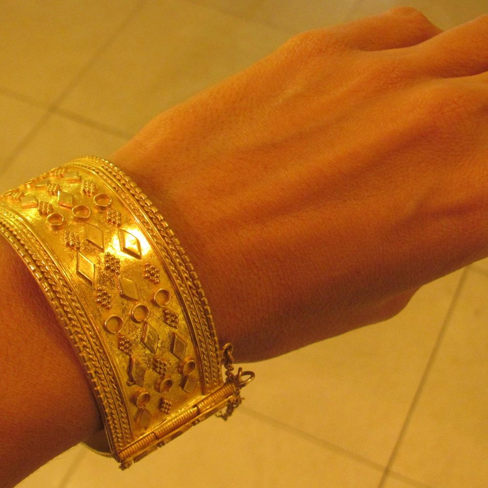 Solid 14K Yellow Gold Wide Cuff Bracelet | 16cm Handmade Bangle, 43g, 3cm Wide